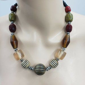 Semi Precious Wooden Curve & Art Bead Necklace